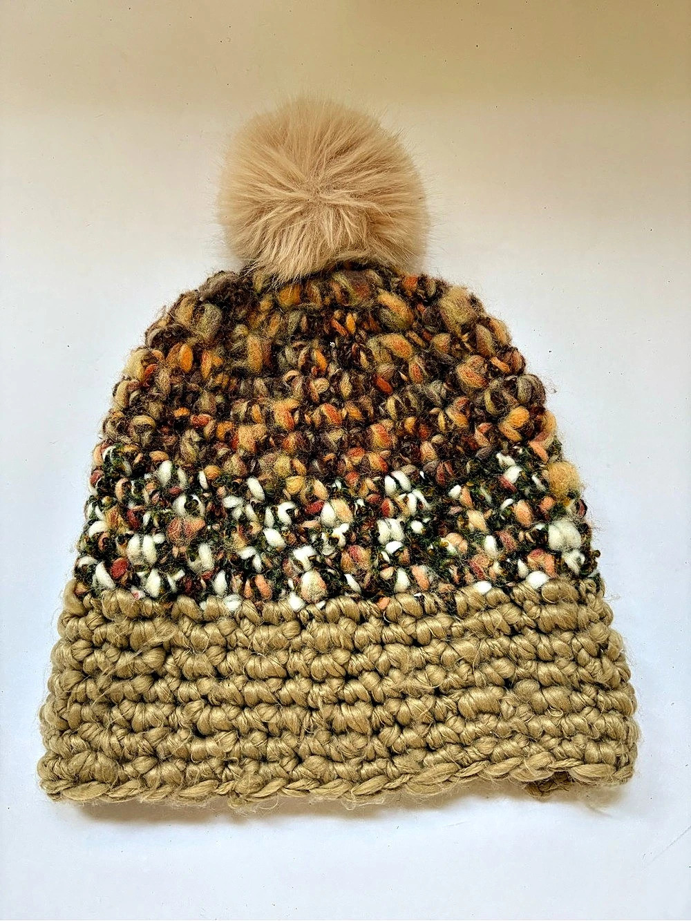 BKE Wool Blend Chunky Pom Pom Beanie Hat Brown Tan Artsy Gilmore Girls Fall Warm